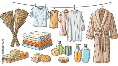 Laundry day items include clothes hanging on a line, folded towels, soap, sponges, and cleaning brushes on white.