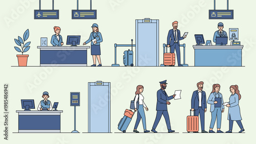 Busy airport terminal scenes depict passengers checking in and going through security gates with their luggage.