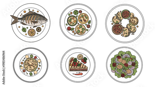 Variety of gourmet food plates show healthy dishes like fish, appetizers, salad, and a slice of delicious cake.