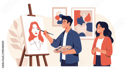 Talented artist paints a colorful portrait on a canvas while a smiling woman poses for him in a bright gallery.