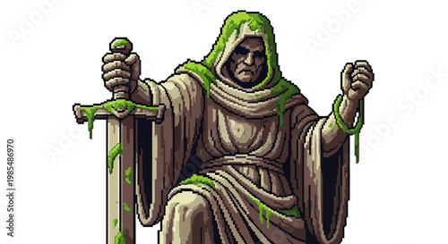 Ancient Moss Covered Stone Statue Holding Sword.