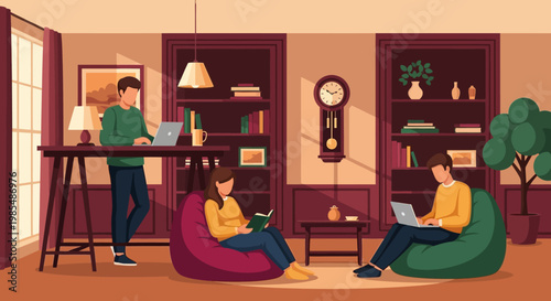 People working and studying in a cozy home environment.