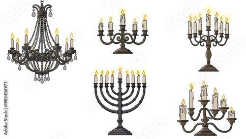Luxury lighting collection features a grand crystal chandelier and several ornate candelabras with burning candles.