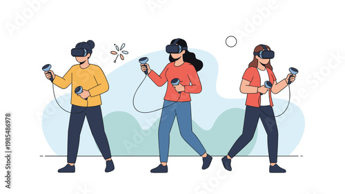 Three people interact with virtual reality technology wearing VR headsets and holding wireless controllers in a park.