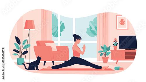 Peaceful woman performs yoga splits in her living room on a mat with a small black cat watching her from the side.