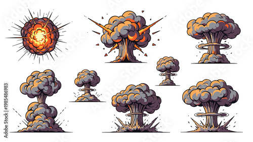 Powerful explosions and mushroom clouds in pixel art style depict fiery blasts and smoke from various sources.