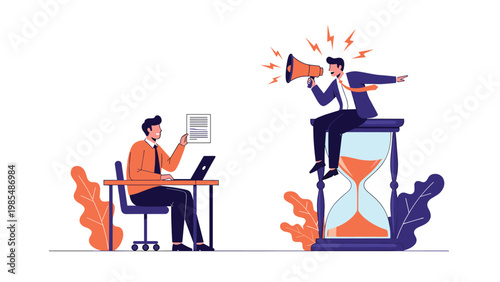 Stressed businessman at his desk works hard while his boss sits on a giant hourglass shouting through a megaphone.