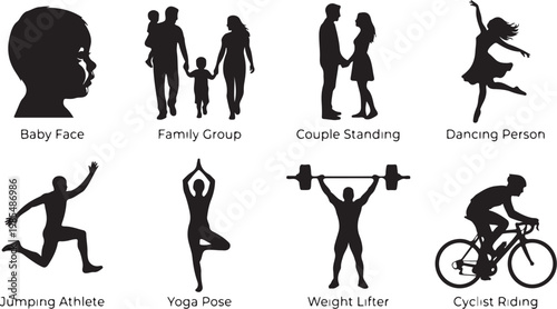 Fitness icons, sport silhouettes, people exercising, workout symbols, healthy lifestyle graphics