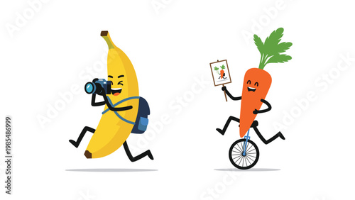 Funny cartoon banana takes a photograph of a happy carrot riding a unicycle and holding a sign during a healthy race.