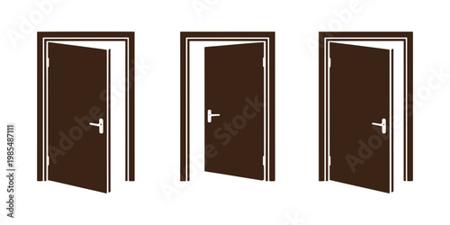 Three brown doors with white handles in different open positions