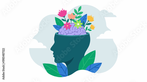 Mental well-being concept with blooming brain in a human head silhouette