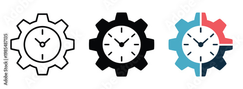 Three time clock icons with gears varying in color and outline style, modern flat and outline design set showing clock mechanisms and gear systems for automation