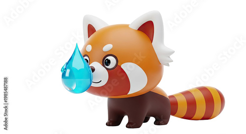 Cute 3D Red Panda with Water Droplet