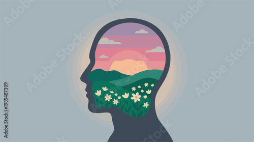 Inner peace and mental well-being concept with nature landscape in human head