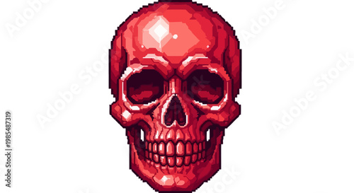 Detailed Pixel Art Red Skull Illustration.