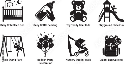 Baby nursery icons, kids playset, childcare symbols, vector illustrations