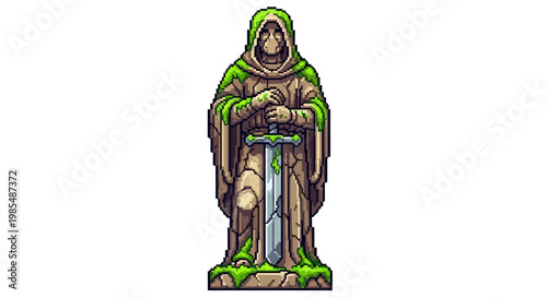 Ancient Stone Statue of a Hooded Warrior Holding a Sword.