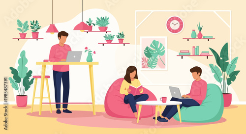 People working and relaxing in a modern co-working space.