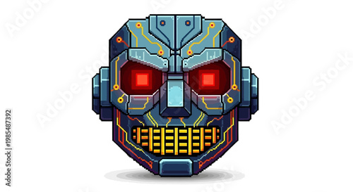 Detailed Pixel Art Robot Head With Glowing Red Eyes.