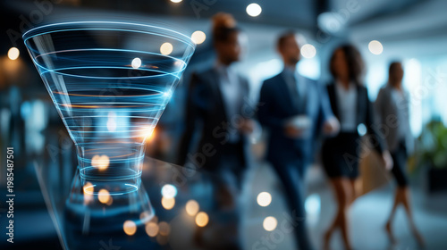Business people moving through stages of a sales funnel in a glass office illustrating teamwork progress and a modern sales concept