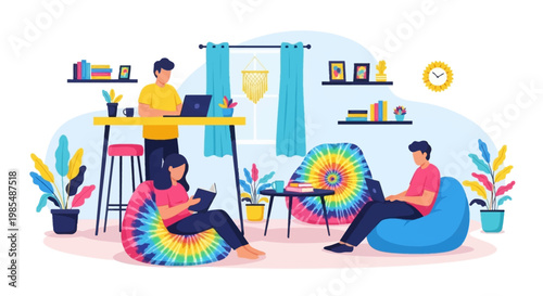 People working and relaxing in a modern co-working space.