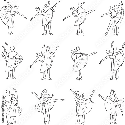 sequence of ballet dancer poses in graceful motion sketch illustration set