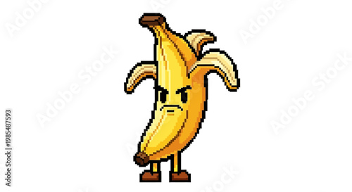 Angry Pixel Art Banana Character Standing Upright.