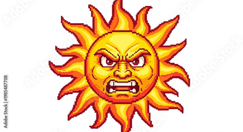 Angry Sun Character with Fiery Rays.