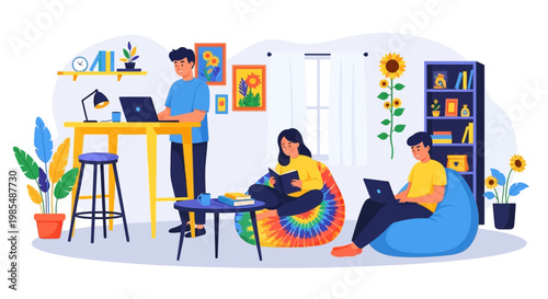 People working and studying in a modern co-working space.