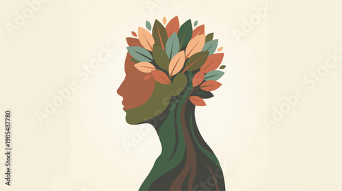 Abstract illustration of human head as leaves, body as roots, symbolizing nature
