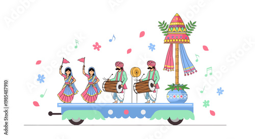 People riding on colorful festival float.
