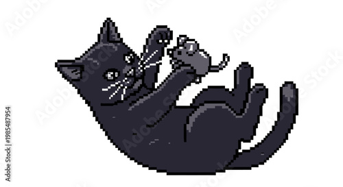 Cute Black Kitten Playing with Toy Mouse Pixel Art.