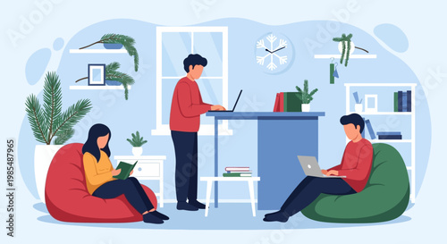 People working and studying in a modern co-working space.