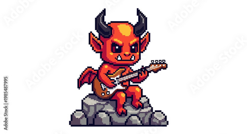 Cute Pixel Art Devil Playing Electric Guitar on Rocks.