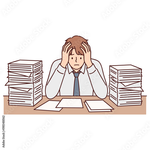 A stressed businessman sits at his desk surrounded by stacks of paperwork.