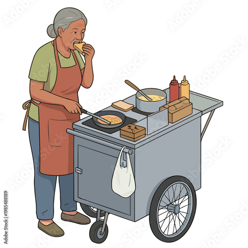 Woman eating while cooking hot dogs on a street food cart outdoors