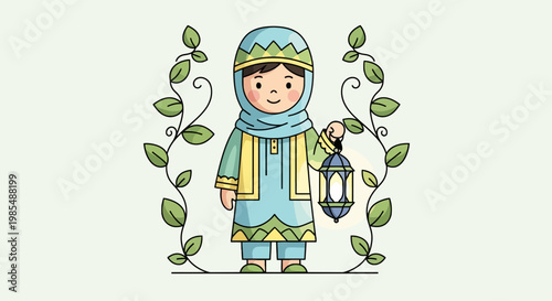 Little girl wearing blue hijab holding lantern.