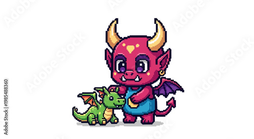 Cute cartoon devil and baby dragon friendship illustration.