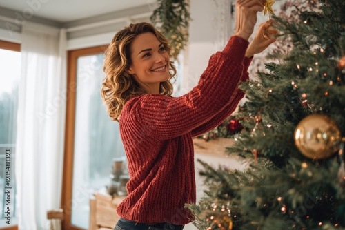 Woman decorating Christmas tree with golden ornaments