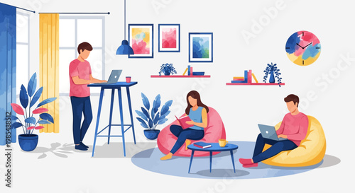 People working and studying in a modern co-working space.