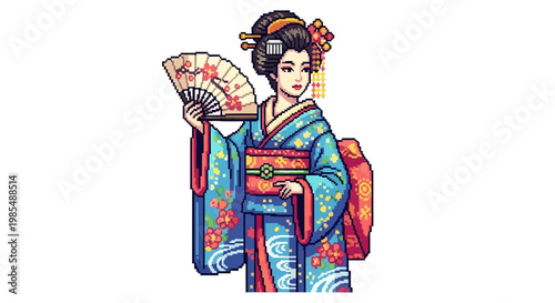 Beautiful Japanese Geisha Woman Holding a Fan.