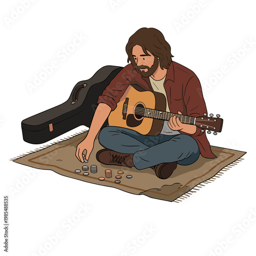 A man sits on a rug playing an acoustic guitar with coins nearby.