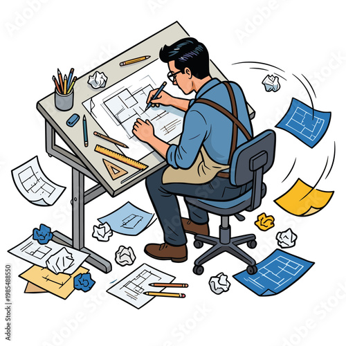 A man sits at a cluttered desk drawing architecture plans with scattered papers around.