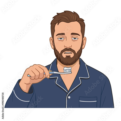 Man in pajamas holds toothbrush in morning routine at home