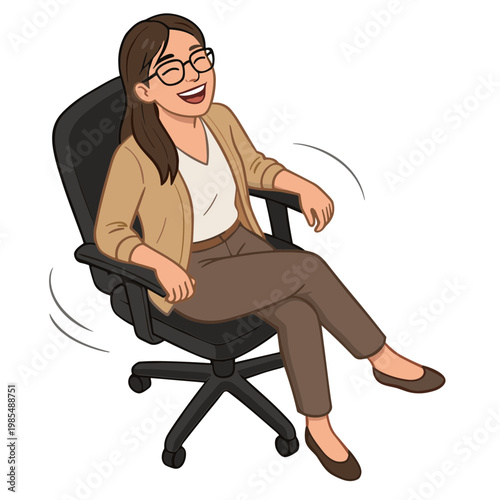 A woman wearing glasses and a tan cardigan sits smiling on an office chair.