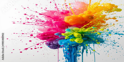 Explosion of colorful powder against white background showcasing vibrant motion, Abstract powder splash paint explode texture wallpaper concept cloud creative dust. Ink rainbow smoke.