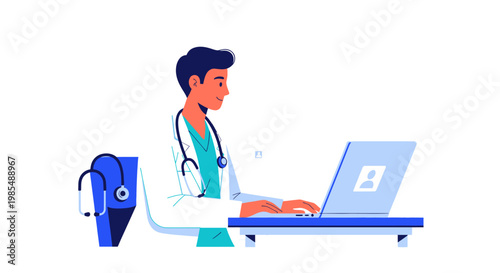 Doctor Working on Laptop Computer with Stethoscope.