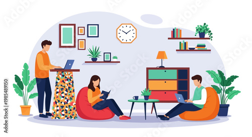 People working and relaxing in a modern coworking space.