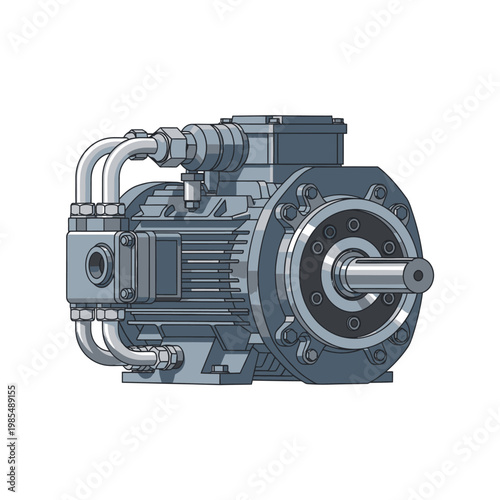 Industrial Electric Motor with Hydraulic Pump and Fittings - Technical Drawing