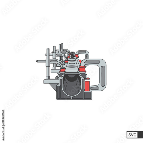Industrial engineering diagram of a mechanical pipe system with clamps and fixtures
